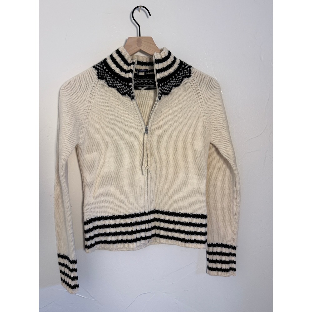 Vintage Gap 100% Lambswool Fair Isle Zip Cardigan Cream Black XS